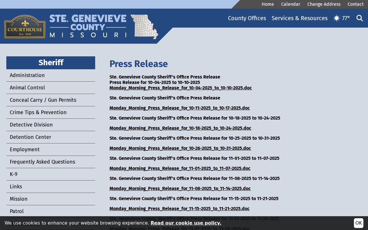 Ste. Genevieve County press release archive distinguished from case search records