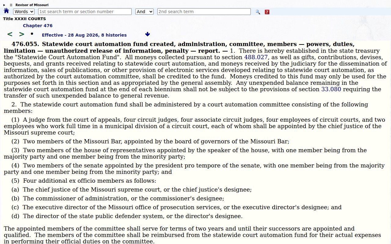 Missouri statewide court automation statute for Ste. Genevieve County case search context