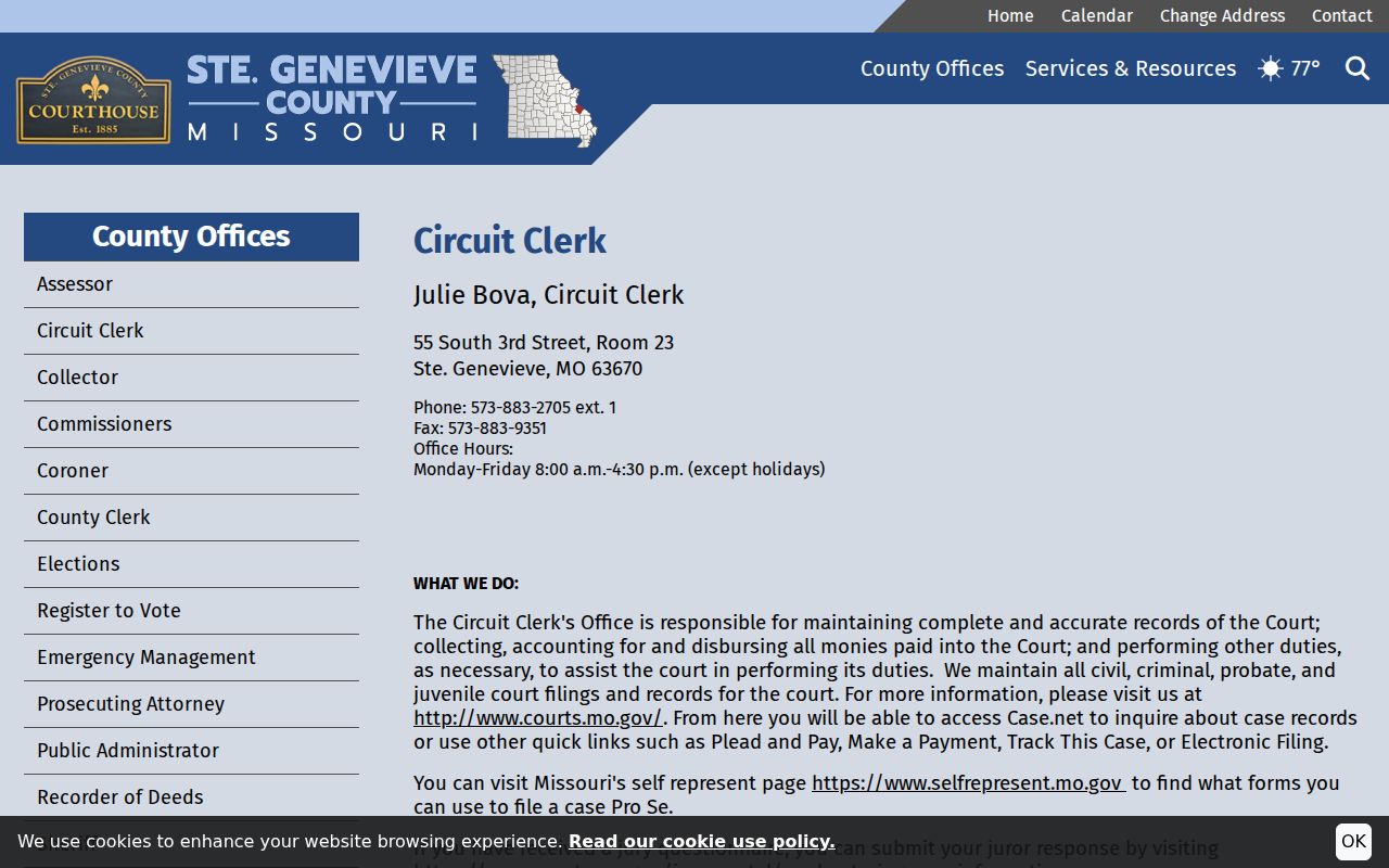 Ste. Genevieve County civil docket Circuit Clerk contact information