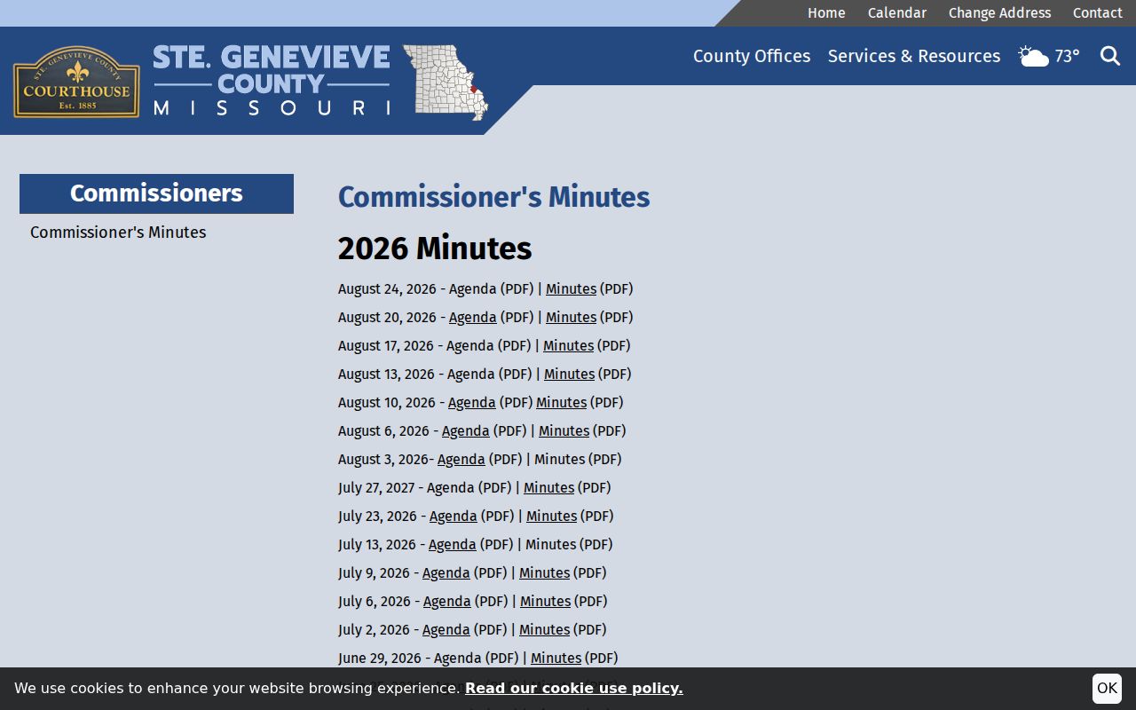 Ste. Genevieve County digital agenda and minutes archive for court calendar research context