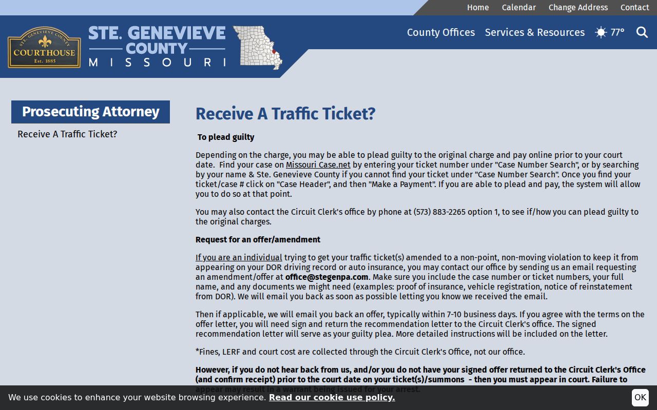Ste. Genevieve County traffic ticket instructions for court record lookup
